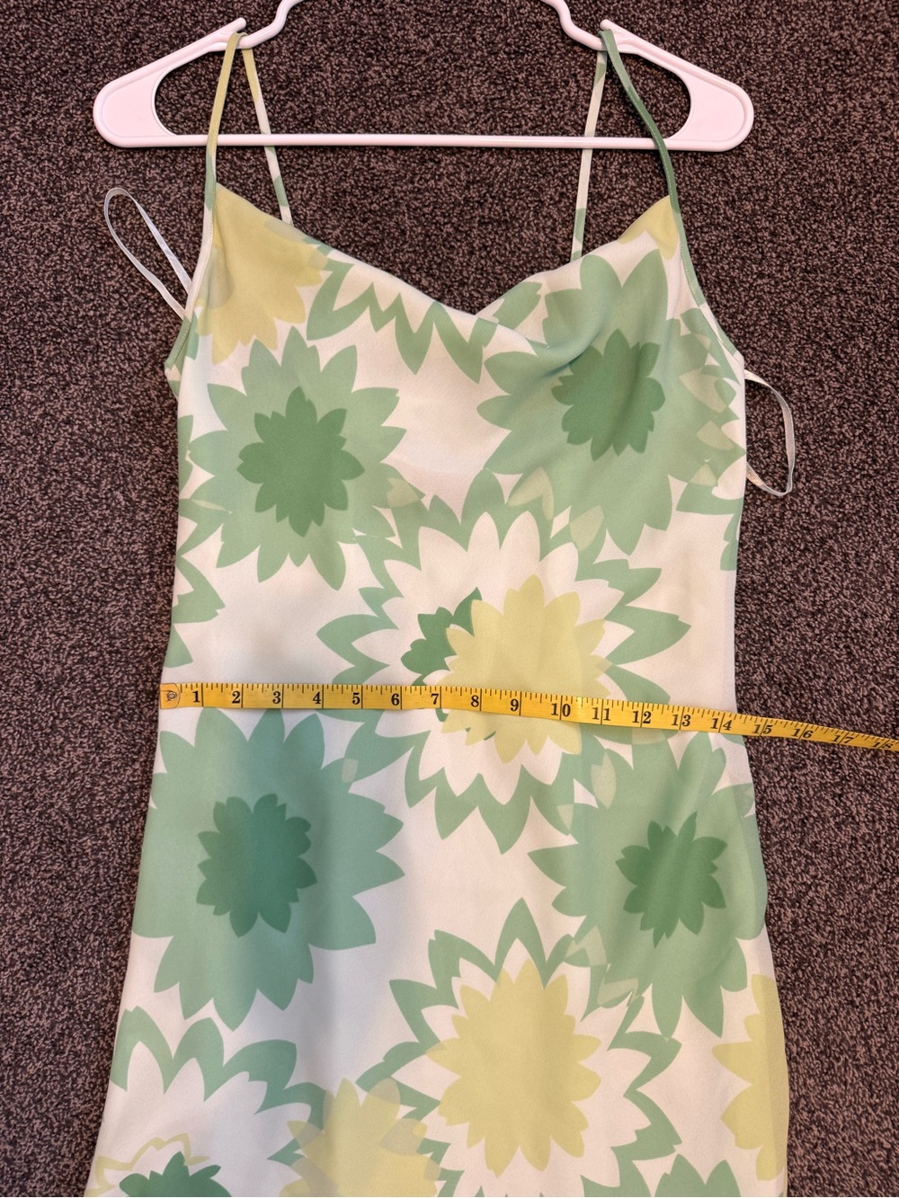 Express Lime Green Cowl Neck Retro Floral Print Slip Dress Size 3/4 Midi Length - Picture 9 of 9
